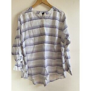 Lane Bryant Blouse Pleated White Purple roll up sleeve linen blend 14/16 NWT